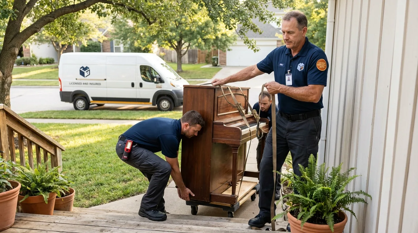Licensed piano movers securing grand piano in Hicksville, OH