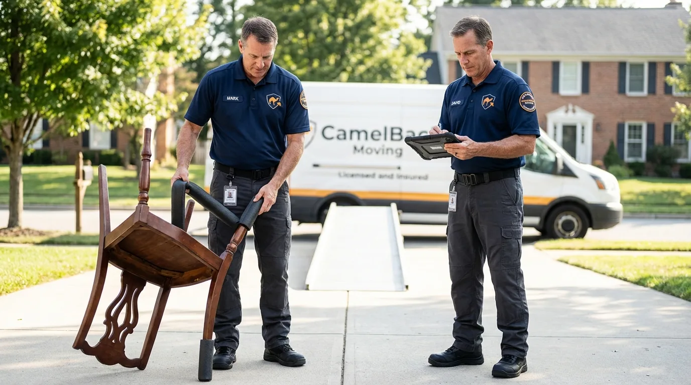 Movers inspecting furniture for damage prevention before loading in Hicksville, OH